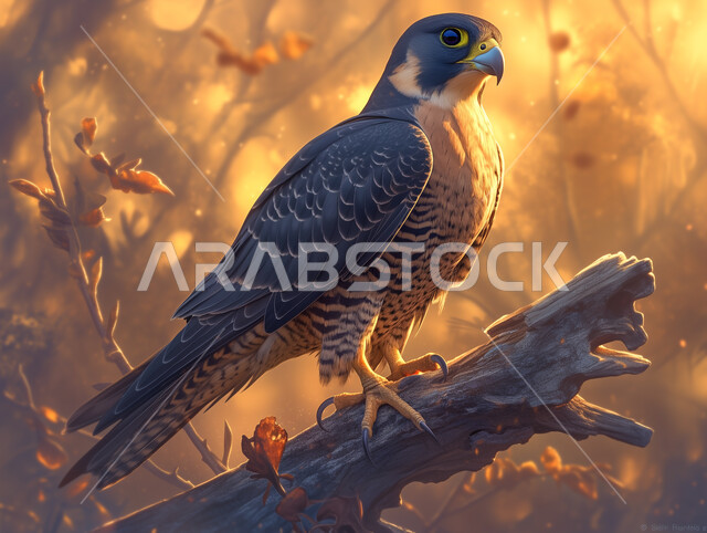 حدة البصر و رمز القوة والتحدي، الفخر بالتراث السعودي العريق في تربية طائر الصقر، صورة مقربة لوجه طائر الصقر في إحدى المحميات الطبيعية يجلس على غصن عند غروب الشمس،  تدريب وترويض الطيور الجارحة والمفترسة، إقامة نادي الصقور في موسم الصيد السنوي في المملكة العربية السعودية