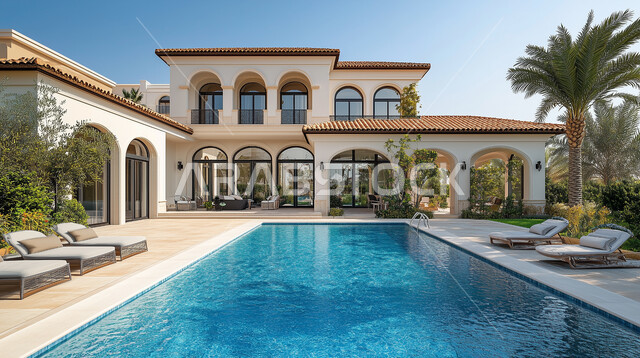  حمام السباحة الكبير بأشكال هندسية مبتكرة, الفناء الخارجي ذو الطبيعة الخضراء والأشجار ونباتات الزينة، المباني ذات الواجهة الزجاجية والإطلالة الجميلة, تصاميم حديثة وديكورات داخلية مميزة, فلل وشقق سكنية في المملكة العربية السعودية، الفن المعماري الهندسي المعاصر