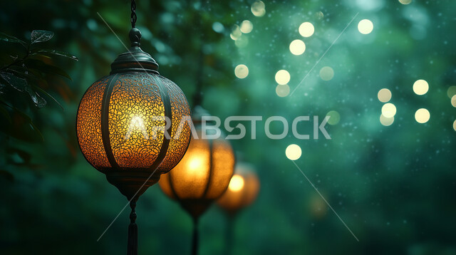 Antiques, lanterns and traditional decorations to celebrate the advent of the holy month of Ramadan, Arab customs and traditions in decorating holidays and religious occasions, Ramadan atmosphere and Islamic spirituality, close-up photo of two decorated and colorful metal Arab lanterns with a glowing tooth inside