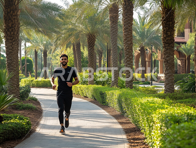 Jogging, Saudi Arabian Gulf man wearing sportswear doing morning exercises on an outdoor walking path in a park in Saudi Arabia, physical activity to maintain fitness and good health