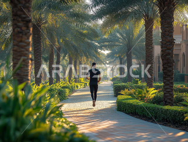 ممارسة رياضة الجري، نشاط بدني للمحافظة على اللياقة والصحة الجيدة،  صورة من الخلف لرجل عربي خليجي سعودي يرتدي الملابس الرياضية يمارس التمارين الصباحية على طريق مخصص للمشي في الهواء الطلق في احدى الحدائق في المملكة العربية السعودية 