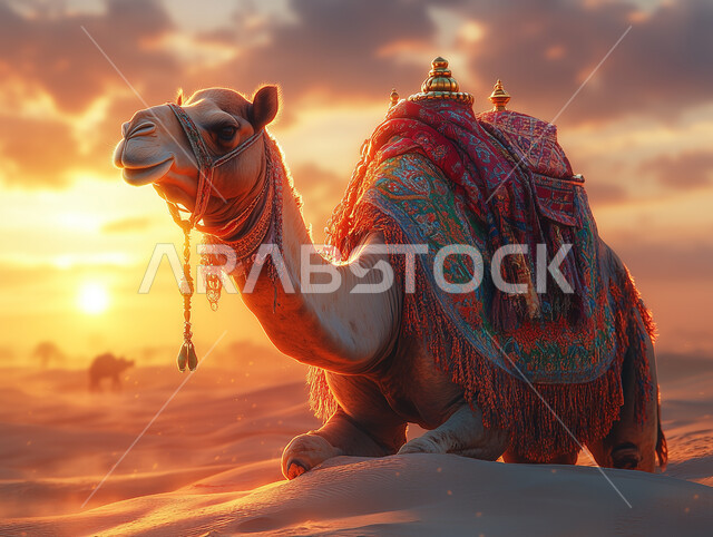 الإهتمام في تربية ورعاية الحيوانات، الرمال الذهبية الناعمة، صورة مقربة لحيوان الإبل في صحارى المملكة العربية السعودية، جمل يجلس فوق الكثبان الرملية في الصحراء في وقت النهار، أماكن سياحية صحراوية