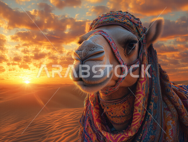 رعاية الجمال والابل في المحميات الطبيعية في المملكة العربية السعودية، صورة مقربة لجمل عربي أصيل يقف فوق الرمال الذهبية الناعمة وسط الصحراء، التلال و الكثبان الرملية، الاهتمام بتربية المواشي والثدييات في الصحاري، منظر السماء المليئة بالغيوم وقت النهار