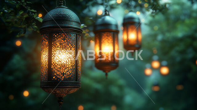 العادات والتقاليد العربية في زينة الأعياد والمناسبات الدينية، تحف وفوانيس وديكورات تقليدية للاحتفال بقدوم شهر رمضان المبارك، أجواء رمضانية وروحانية إسلامية، صورة مقربة لفوانيس عربية معدنية مزخرفة وملونة بداخلها سن مضيء