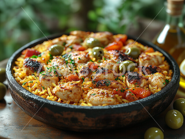 A plate of biryani rice, grilled chicken pieces and olives, Kabsa rice with vegetables and spices, traditional Arabic dishes and foods, delicious healthy food recipes, the art of presenting delicious oriental foods