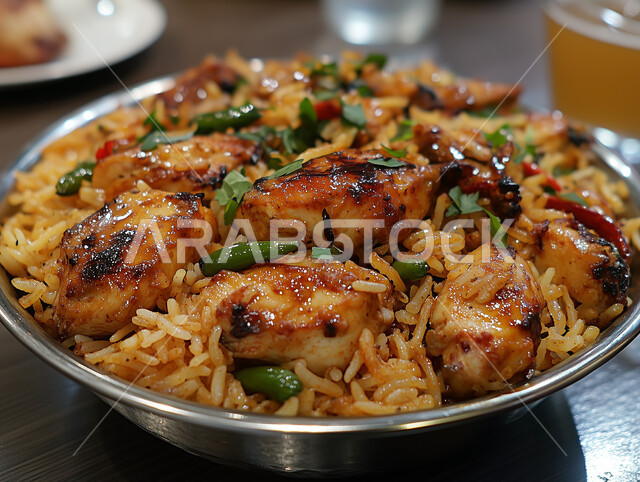 طبق من أرز البرياني وقطع الدجاج المطهية جيداً، أرز الكبسة مع الخضراوات والتوابل, أطباق و ماكولات عربية تقليدية, وصفات الطعام الصحية الشهية, فنون تقديم الأطعمة الشرقية اللذيذة، أنواع متعددة من الصوصات والمقبلات