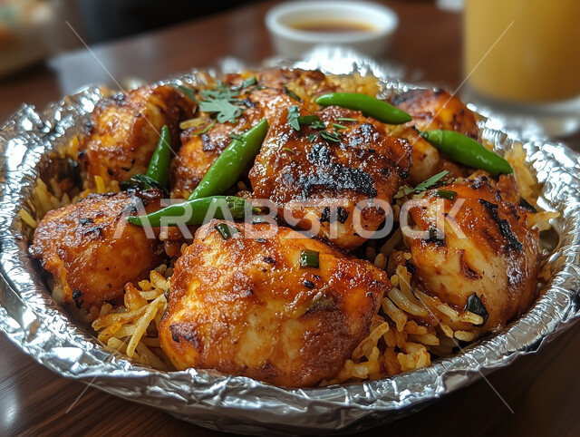 أرز الكبسة مع الخضراوات والتوابل, طبق من أرز البرياني وقطع الدجاج المطهية جيداً، أطباق و ماكولات عربية تقليدية, وصفات الطعام الصحية الشهية, فنون تقديم الأطعمة الشرقية اللذيذة، أنواع متعددة من الصوصات والمقبلات