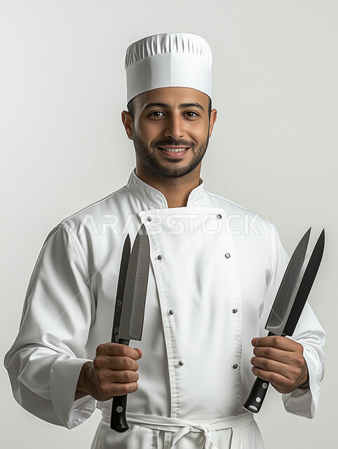 Professionalism in the profession and art of cooking, following safety procedures in the kitchens and restaurants of the Kingdom of Saudi Arabia, the art of preparing and presenting various types of delicious oriental foods and dishes, a Saudi Arabian Gulf chef holding a set of knives in his hand to prepare and prepare the meal