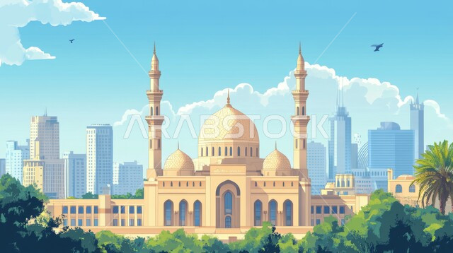 Islamic designs of domes and minarets in the Kingdom of Saudi Arabia, the concept of worship and drawing closer to God Almighty, the call of Muslims to perform prayers and duties, the architectural engineering art of building mosques in the old Arab style