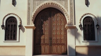 Wooden door carved with Arabic heritage engravings and decorations, traditional heritage design, architectural engineering arts and Islamic designs for old wooden doors in the Kingdom of Saudi Arabia