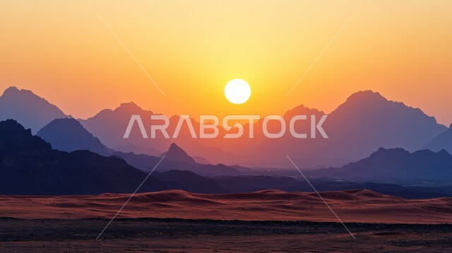 التضاريس والتلال والكثبان الرملية في المناطق الصحراوية, التشكيلات والتكوينات الصخرية, المساحات الواسعة في صحاري المملكة العربية السعودية, الرمال الذهبية الناعمة في الصحراء في وقت غروب الشمس, البيئة والطبيعة الجافة والقاسية