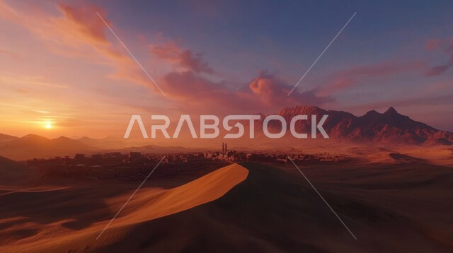 Soft golden sand in the desert at sunset, dry and harsh environment and nature, terrain, hills and sand dunes in desert areas, rock formations and formations, vast areas in the deserts of Saudi Arabia