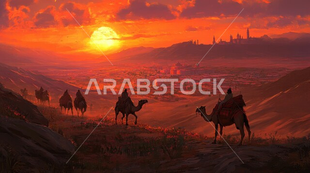 التشكيلات والتكوينات والكثبان الرملية, مزارع للاهتمام بالابل في صحاري المملكة العربية السعودية, ناقة تسير على الرمال الذهبية الناعمة في الصحراء في وقت غروب الشمس, رعاية الثدييات والمواشي, محميات طبيعية لتربية الجمال في المناطق الصحراوية