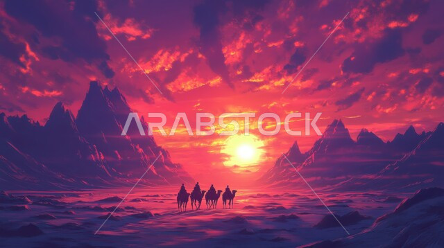 Nature reserves for camel breeding in desert areas, formations and sand dunes, camel farms in the deserts of Saudi Arabia, a camel walking on the soft golden sands in the desert at sunset, caring for mammals and livestock