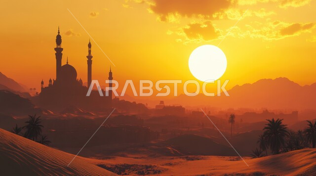 الفن الهندسي المعماري لبناء المساجد في صحاري المملكة العربية السعودية, الرمال الذهبية الناعمة في الصحراء في وقت غروب الشمس, البيئة والطبيعة الجافة والقاسية, التضاريس والتلال والكثبان الرملية في المناطق الصحراوية, التشكيلات والتكوينات الصخرية