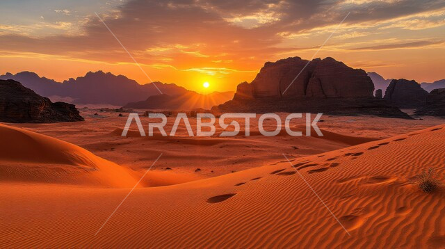 التضاريس والتلال والكثبان الرملية في المناطق الصحراوية, التشكيلات والتكوينات الصخرية, المساحات الواسعة في صحاري المملكة العربية السعودية, الرمال الذهبية الناعمة في الصحراء في وقت غروب الشمس, البيئة والطبيعة الجافة والقاسية