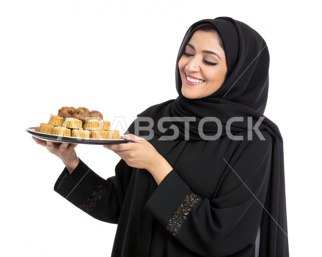 الضيافة التقليدية الشعبية في الأعياد والمناسبات, تقديم حلوى المعمول المحشو بالتمر الشهي, بورتريه مقرب لامرأة عربية خليجية سعودية محجبة مبتسمة ترتدي العباءة السوداء تحمل طبق من الحلويات الشرقية, خلفية بيضاء