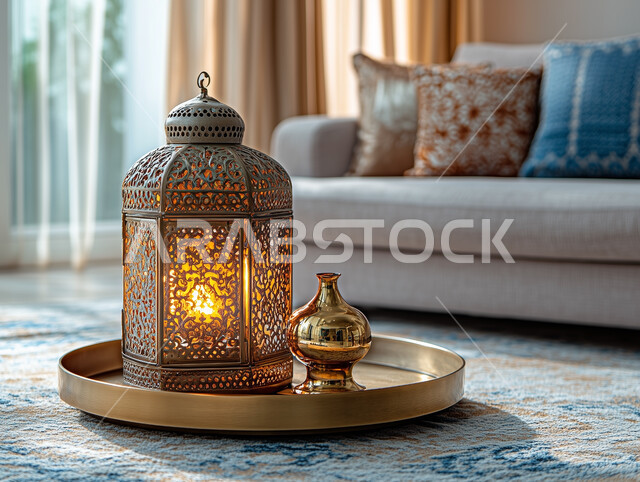تحف وديكورات تقليدية للاحتفال بقدوم شهر رمضان المبارك، فانوس عربي معدني مزخرف مضي، العادات والتقاليد العربية في زينة الأعياد والمناسبات الدينية, أجواء رمضانية وروحانية إسلامية