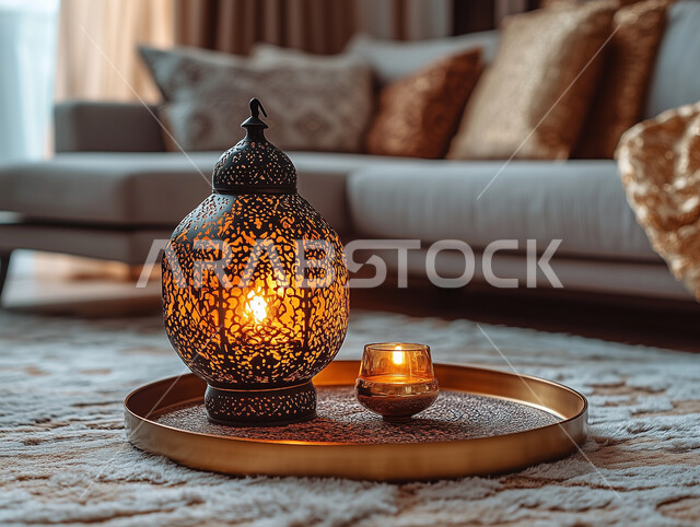 تحف وديكورات تقليدية للاحتفال بقدوم شهر رمضان المبارك، فانوس عربي معدني مزخرف مضي، العادات والتقاليد العربية في زينة الأعياد والمناسبات الدينية, أجواء رمضانية وروحانية إسلامية