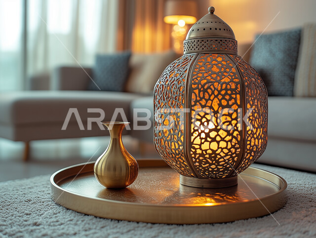 تحف وديكورات تقليدية للاحتفال بقدوم شهر رمضان المبارك، فانوس عربي معدني مزخرف مضي، العادات والتقاليد العربية في زينة الأعياد والمناسبات الدينية, أجواء رمضانية وروحانية إسلامية