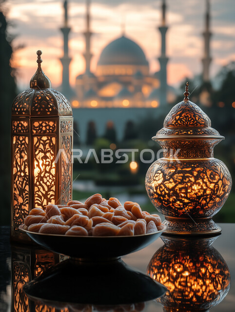 زينة وديكورات الاعياد والمناسبات الدينية، فانوس عربي معدني مزخرف مضيء, تحف وفوانيس تقليدية للاحتفال بقدوم شهر رمضان المبارك، أجواء رمضانية وروحانية إسلامية، خلفية المساجد الاسلامية