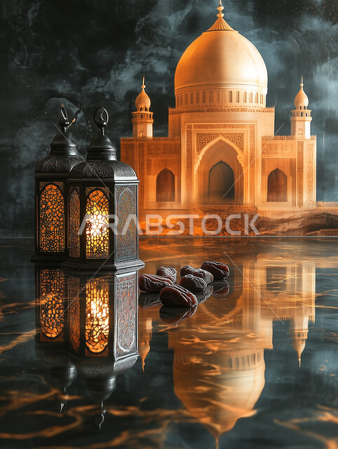 زينة وديكورات الاعياد والمناسبات الدينية، فانوس عربي معدني مزخرف مضيء, تحف وفوانيس تقليدية للاحتفال بقدوم شهر رمضان المبارك، أجواء رمضانية وروحانية إسلامية، خلفية المساجد الاسلامية