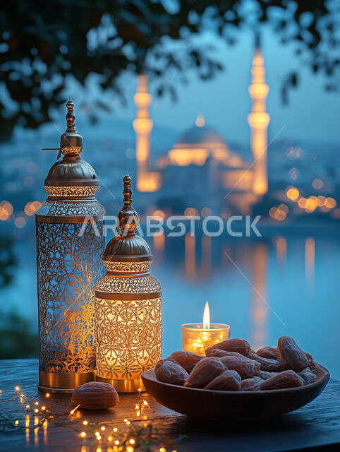 زينة وديكورات الاعياد والمناسبات الدينية، فانوس عربي معدني مزخرف مضيء, تحف وفوانيس تقليدية للاحتفال بقدوم شهر رمضان المبارك، أجواء رمضانية وروحانية إسلامية، خلفية المساجد الاسلامية