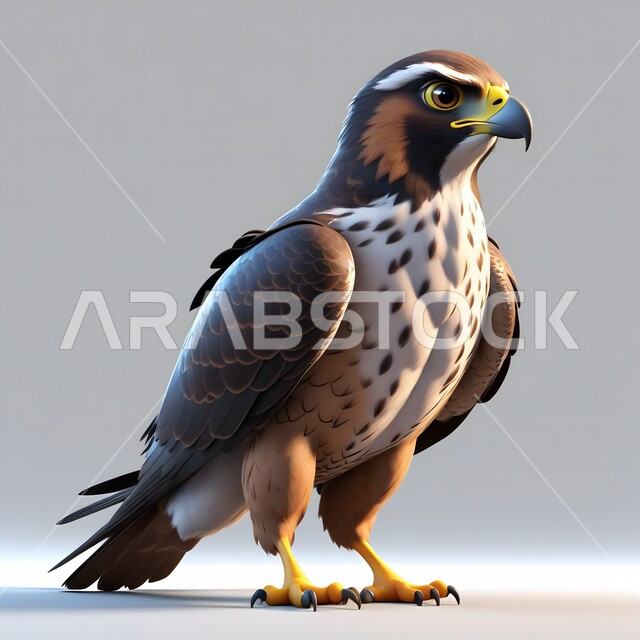 الاهتمام بتربية وتدريب الطيور الجارحة، رمز القوة والتحدي، محميات طبيعية في المملكة العربية السعودية, رسم ثلاثي الابعاد لطائر الصقر حاد البصر, الطبيعة البرية لصقور الشاهين المفترسة، خلفية بيضاء