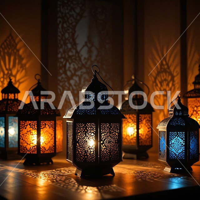 مجموعة من الفوانيس العربية التقليدية المعدنية المضيئة ليلا, العادات و التقاليد العربية في زينة الاعياد و المناسبات الدينية, تحف وديكورات تقليدية للاحتفال بشهر الخير, اجواء رمضانية روحانية اسلامية
