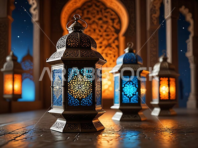 A group of traditional Arabic metal lanterns that light up at night, Arab customs and traditions in decorating holidays and religious occasions, traditional antiques and decorations to celebrate the month of goodness, Islamic spiritual Ramadan atmosphere