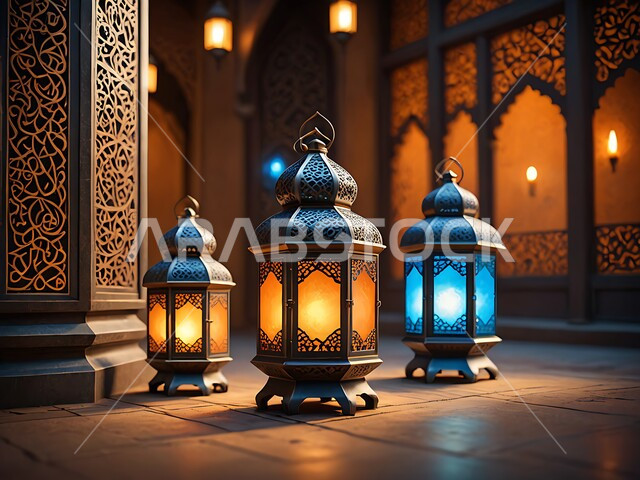 مجموعة من الفوانيس العربية التقليدية المعدنية المضيئة ليلا, العادات و التقاليد العربية في زينة الاعياد و المناسبات الدينية, تحف وديكورات تقليدية للاحتفال بشهر الخير, اجواء رمضانية روحانية اسلامية