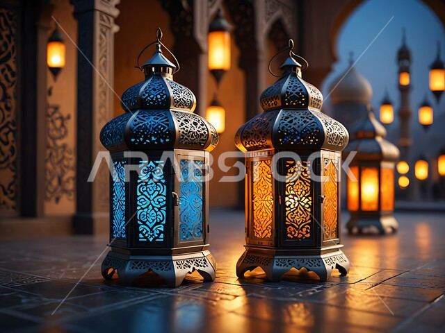 A group of traditional Arabic metal lanterns that light up at night, Arab customs and traditions in decorating holidays and religious occasions, traditional antiques and decorations to celebrate the month of goodness, Islamic spiritual Ramadan atmosphere