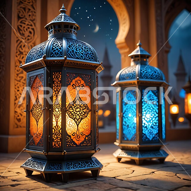 العادات و التقاليد العربية في زينة الاعياد و المناسبات الدينية, تحف وديكورات تقليدية للاحتفال بشهر الخير, اجواء رمضانية روحانية اسلامية, فانوسان عربيان تقليديان مضيئان ليلا