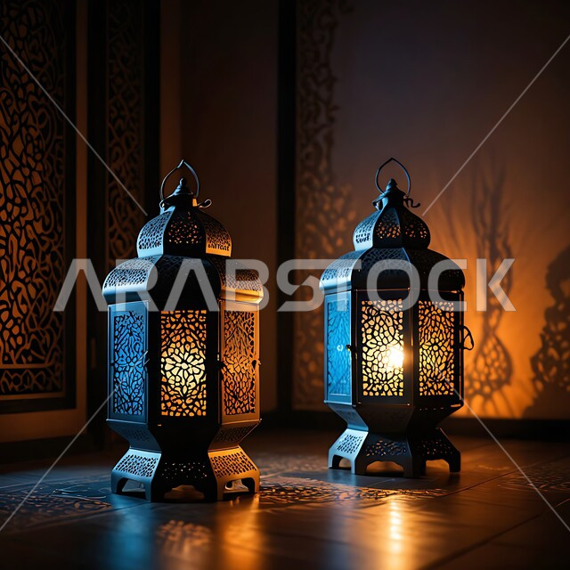 العادات و التقاليد العربية في زينة الاعياد و المناسبات الدينية, تحف وديكورات تقليدية للاحتفال بشهر الخير, اجواء رمضانية روحانية اسلامية, فانوسان عربيان تقليديان مضيئان ليلا