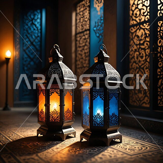 العادات و التقاليد العربية في زينة الاعياد و المناسبات الدينية, تحف وديكورات تقليدية للاحتفال بشهر الخير, اجواء رمضانية روحانية اسلامية, فانوسان عربيان تقليديان مضيئان ليلا