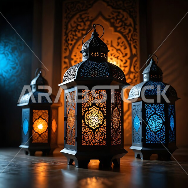 العادات و التقاليد العربية في زينة الاعياد و المناسبات الدينية, تحف وديكورات تقليدية للاحتفال بشهر الخير, اجواء رمضانية روحانية اسلامية, مجموعة من الفوانيس العربية التقليدية المعدنية المضيئة ليلا