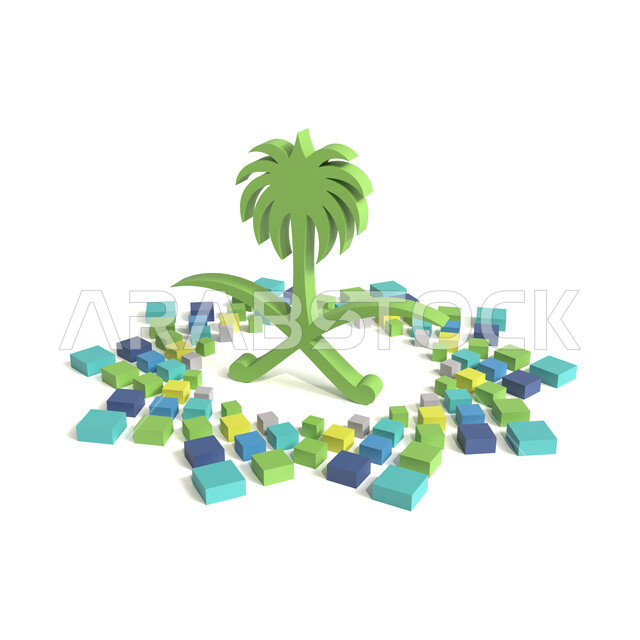 شعار رؤية 2030 ثلاثي الابعاد للمملكة العربي السعودية، رمز النخلة و السيفين المتقاطعين باللون الاخضر، الاحتفالات بالمناسبات الوطنية و الشعبية، ذكرى اليوم الوطني السعودي 23 سبتمبر, التراث السعودي الشعبي