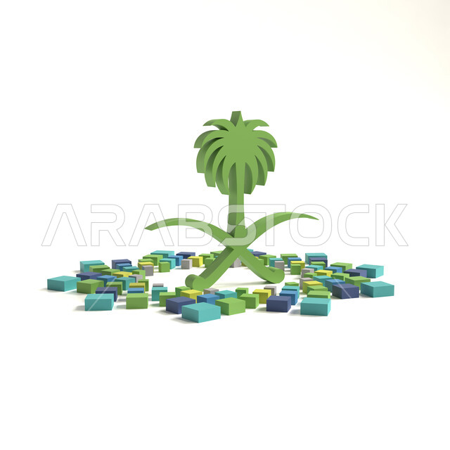الاحتفالات بالمناسبات الوطنية و الشعبية، ذكرى اليوم الوطني السعودي 23 سبتمبر, شعار رؤية 2030 ثلاثي الابعاد للمملكة العربي السعودية، رمز النخلة و السيفين المتقاطعين باللون الاخضر، التراث السعودي الشعبي