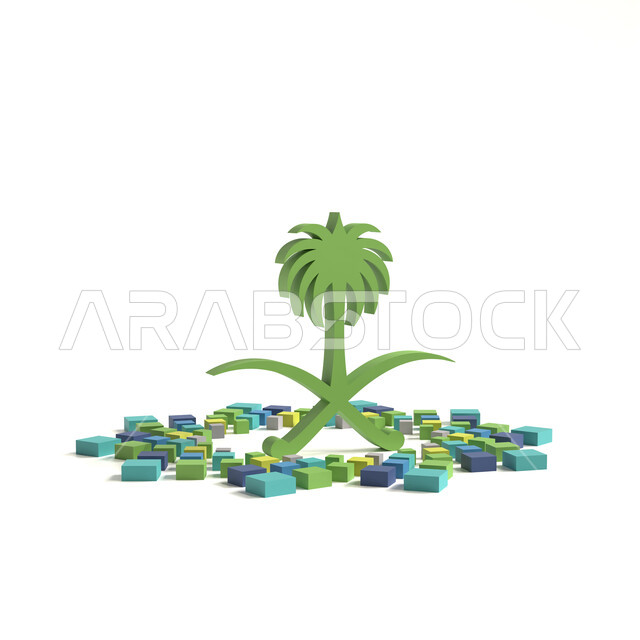 الاحتفالات بالمناسبات الوطنية و الشعبية، ذكرى اليوم الوطني السعودي 23 سبتمبر, شعار رؤية 2030 ثلاثي الابعاد للمملكة العربي السعودية، رمز النخلة و السيفين المتقاطعين باللون الاخضر، التراث السعودي الشعبي