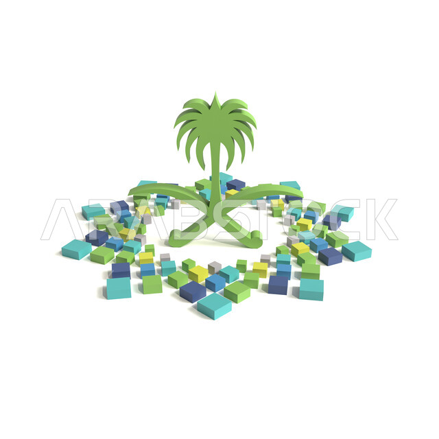 ذكرى اليوم الوطني السعودي 23 سبتمبر, شعار رؤية 2030 ثلاثي الابعاد للمملكة العربي السعودية، رمز النخلة و السيفين المتقاطعين باللون الاخضر، الاحتفالات بالمناسبات الوطنية و الشعبية، التراث السعودي الشعبي