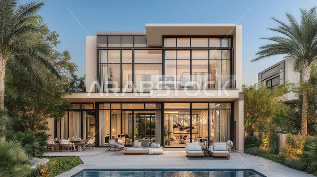 الفن الهندسي المعماري على الطراز الحديث للفلل والشقق السكنية في المملكة العربية السعودية، تصاميم فاخرة لحوض سباحة متميز، نوافذ وواجهات زجاجية ضخمة، ديكورات خارجية للمنازل مبتكرة وحديثة، الاهتمام بزراعة الاشجار الخضراء