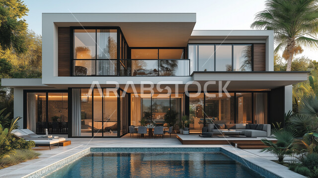 الفن الهندسي المعماري على الطراز الحديث للفلل والشقق السكنية في المملكة العربية السعودية، تصاميم فاخرة لحوض سباحة متميز، نوافذ وواجهات زجاجية ضخمة، ديكورات خارجية للمنازل مبتكرة وحديثة، الاهتمام بزراعة الاشجار الخضراء