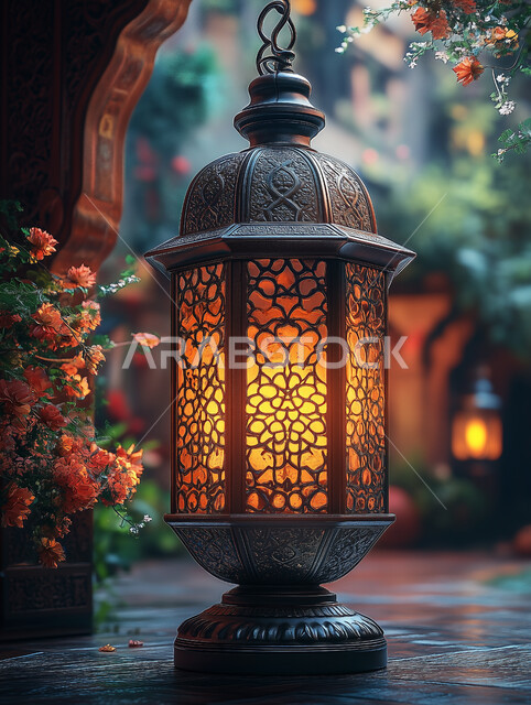 Traditional Arabic lantern decorated with metal lights at night, Islamic spiritual Ramadan atmosphere, Arab customs and traditions in decorating holidays and religious occasions, lanterns, antiques and traditional decorations to celebrate the month of goodness