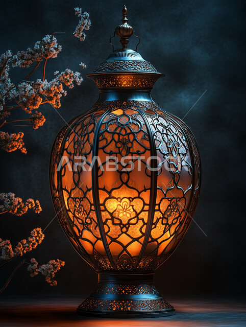 Traditional Arabic lantern decorated with metal lights at night, Islamic spiritual Ramadan atmosphere, Arab customs and traditions in decorating holidays and religious occasions, lanterns, antiques and traditional decorations to celebrate the month of goodness