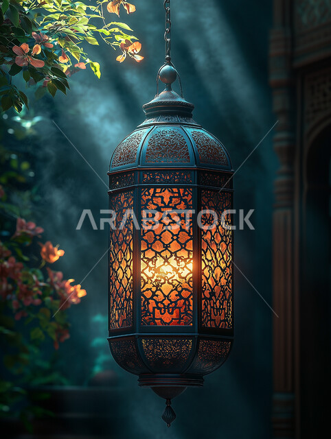فانوس عربي تقليدي معدني مزخرف مضيء ليلا، اجواء رمضانية روحانية اسلامية, العادات و التقاليد العربية في زينة الاعياد و المناسبات الدينية, فوانيس وتحف وديكورات تقليدية للاحتفال بشهر الخير