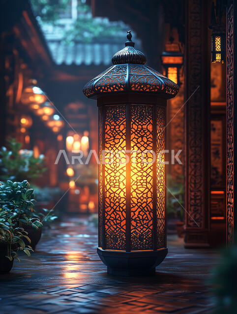Spiritual Islamic Ramadan atmosphere, traditional Arabic lantern decorated with metal lights at night, Arab customs and traditions in decorating holidays and religious occasions, lanterns, antiques and traditional decorations to celebrate the month of goodness