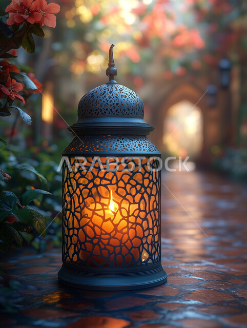 Spiritual Islamic Ramadan atmosphere, traditional Arabic lantern decorated with metal lights at night, Arab customs and traditions in decorating holidays and religious occasions, lanterns, antiques and traditional decorations to celebrate the month of goodness