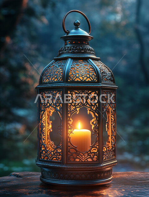 Spiritual Islamic Ramadan atmosphere, traditional Arabic lantern decorated with metal lights at night, Arab customs and traditions in decorating holidays and religious occasions, lanterns, antiques and traditional decorations to celebrate the month of goodness