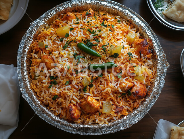 The art of serving in oriental restaurants, popular Gulf Saudi Arabian dishes, delicious healthy food recipes and dishes, traditional dishes and foods, a plate of delicious Kabsa rice with grilled chicken and vegetables