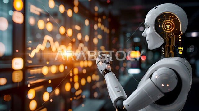 تحليل البيانات باستعمال التقنيات الحديثة، بيانات خسائر وارباح الشركة، صورة مقربة لرجل آلي متطور أمام الشاشات الالكترونية المضيئة يقوم متابعة مخطط الرسم البياني للنمو الاقتصادي، استخدام الروبوتات الذكية في العمل، تحقيق الرؤية المستقبلية التكنولوجية 2030